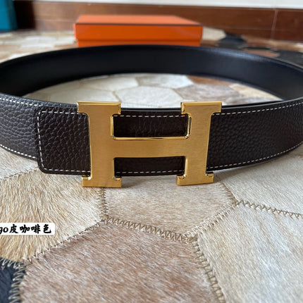 HM CONSTANCE BELT BUCKLE & REVERSIBLE CHOCOLATE BROWN LEATHER STRAP 38MM GOLD HARDWARE