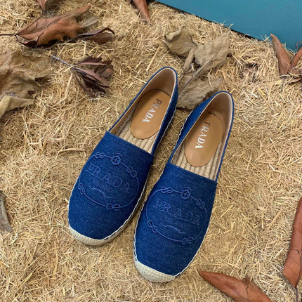 PRADA 26S ESPADRILLE FLATS IN BLUE DENIM EMBROIDERED LOGO