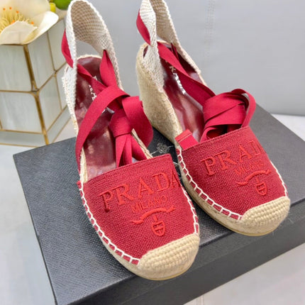 PRADA 26S ESPADRILLE HIGH HEEL SANDALS IN RED CANVAS