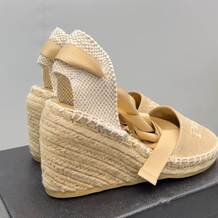 PRADA 26S ESPADRILLE HIGH HEEL SANDALS IN BEIGE CANVAS