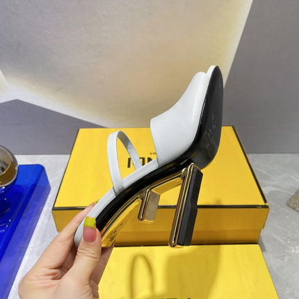 FENDI FIRST 95 MM HIGH-HEELED SANDAL IN CLOUD GREY LAMBSKIN GOLD HARDWARE