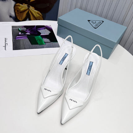 PRADA 26S SLINGBACK PUMPS STILETTO HEEL 95MM IN WHITE PATENT CALFSKIN LOGO