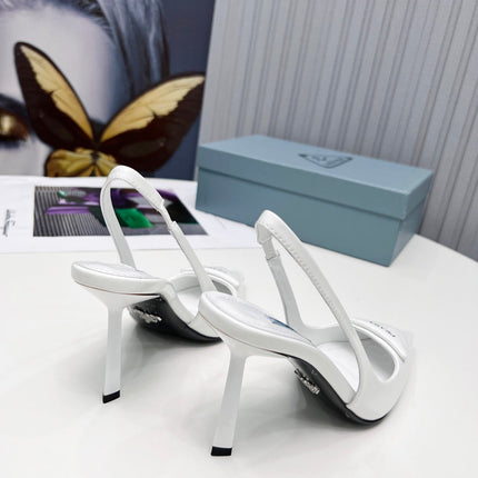 PRADA 26S SLINGBACK PUMPS STILETTO HEEL 95MM IN WHITE PATENT CALFSKIN LOGO