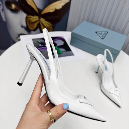 PRADA 26S SLINGBACK PUMPS STILETTO HEEL 95MM IN WHITE PATENT CALFSKIN LOGO