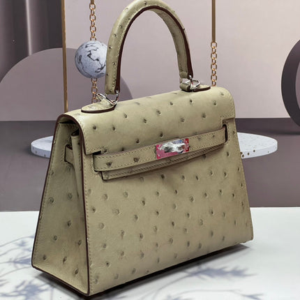 KELLY BAG 20 IN KHAKI TAN OSTRICH LEATHER WITH SILVER HARDWARE