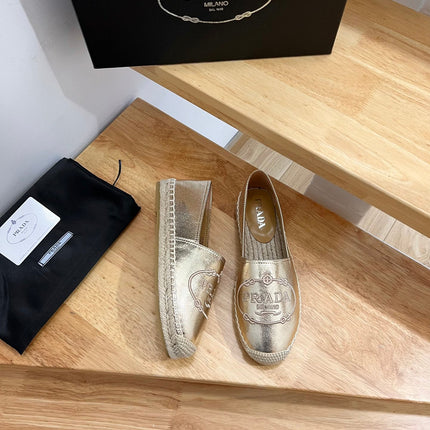 PRADA 26S EMBROIDERED LOGO ESPADRILLE FLATS IN GOLD CALFSKIN