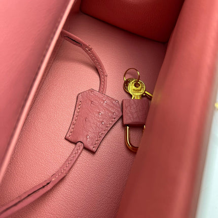 KELLY BAG 20 IN ROUGE PINK OSTRICH LEATHER WITH GOLD HARDWARE
