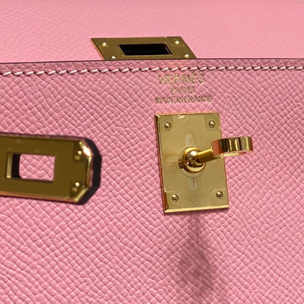 KELLY MINI 20 BAG IN ROUGE PINK CALFSKIN WITH GOLD HARDWARE