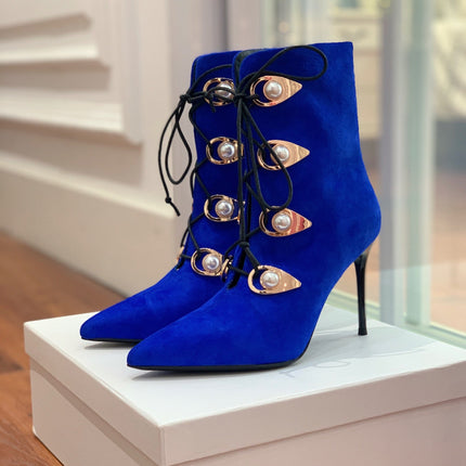 BALMAIN 26S BOOT 95 MM IN DARK BLUE SUEDE PEARL BUTTON