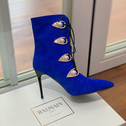 BALMAIN 26S BOOT 95 MM IN DARK BLUE SUEDE PEARL BUTTON