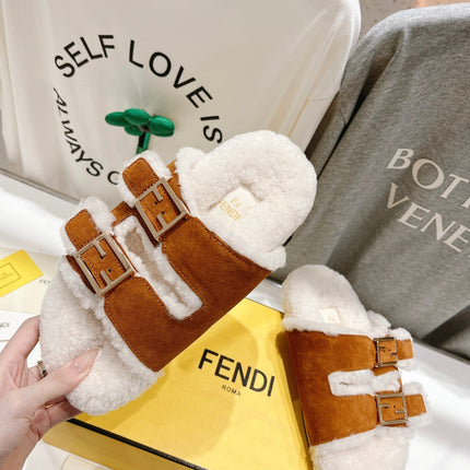 FENDI DAD SANDAL MULE IN BRONZE BROWN SUEDE WITH WHITE FLEECE