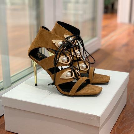 BALMAIN 25S HIGH HEELS 95MM IN DARK BROWN SUEDE WITH PEARL