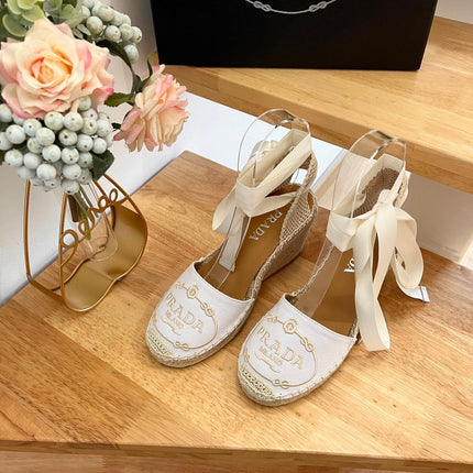 PRADA 26S ESPADRILLE HIGH HEEL SANDALS IN IVORY WHITE CANVAS WITH LOGO