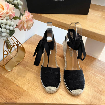 PRADA 26S ESPADRILLE HIGH HEEL SANDALS IN BLACK CANVAS WITH LOGO