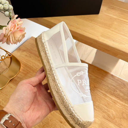 PRADA 26S EMBROIDERED LOGO ESPADRILLE FLATS IN IVORY WHITE MESH AND CALFSKIN