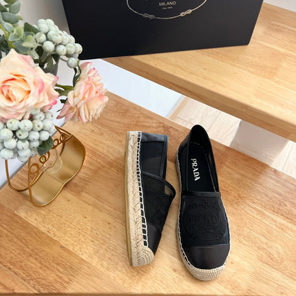 PRADA 26S EMBROIDERED LOGO ESPADRILLE FLATS IN BLACK MESH AND CALFSKIN