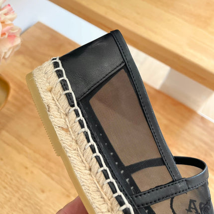 PRADA 26S EMBROIDERED LOGO ESPADRILLE FLATS IN BLACK MESH AND CALFSKIN