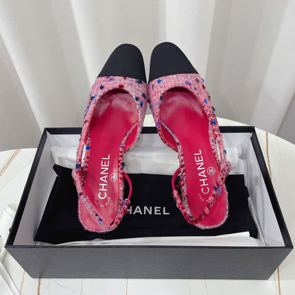 CHANEL 26S HIGH-HEEL SLINGBACKS 65 MM IN BLACK MIX PINK TWEED