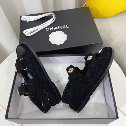 CHANEL 26S SANDALS IN BLACK SUEDE PEARL CAMELLIA EMBELLISHMENT
