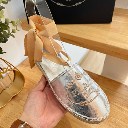 PRADA 26S LACE UP ESPADRILLE FLATS IN SILVER CALFSKIN