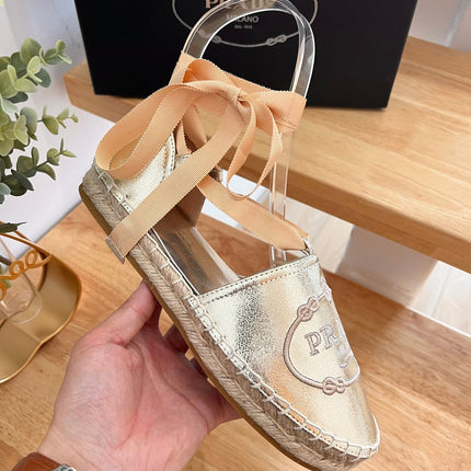 PRADA 26S LACE UP ESPADRILLE FLATS IN GOLD CALFSKIN