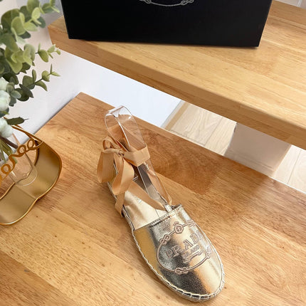 PRADA 26S LACE UP ESPADRILLE FLATS IN GOLD CALFSKIN