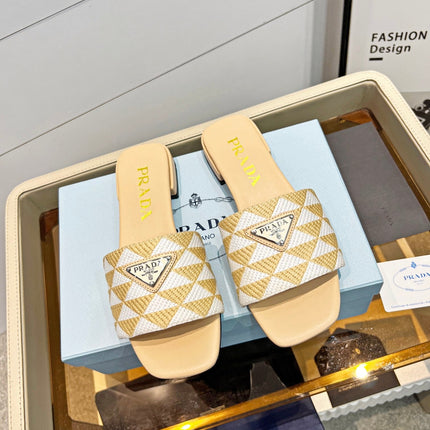 PRA EMBROIDERED SLIDES FLAT BEIGE FABRIC