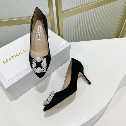 Manolo Hangisi Black Satin Jewel Buckle Pump 95