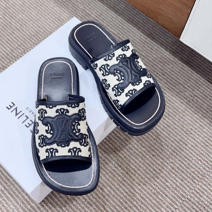 LEA TRIOMPHE PLATFORM SLIDES WOMEN VEGETABLE TANNED CALFSKIN BLACK/WHITE