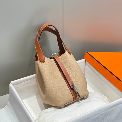 HERMES 25S PICOTIN LOCK 18 IN BURNT ORANGE AND LIGHT BROWN CALFSKIN SILVER HARDWARE