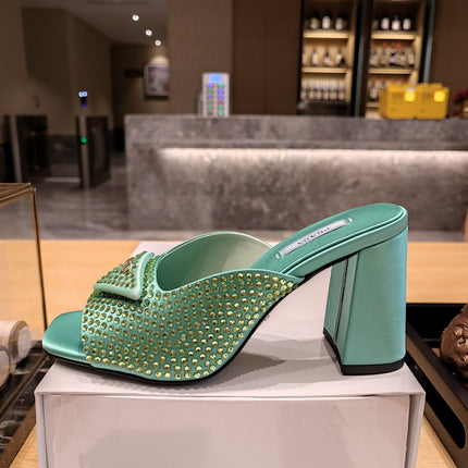PRADA 26S OPEN TOE CRYSTAL EMBELLISHED MULES 100MM IN DARK GREEN SATIN
