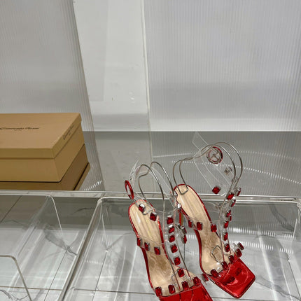 GIANVITO ROSSI 26S HEELED SANDALS 105 MM IN RUBY RED PATENT LEATHER CRYSTALS