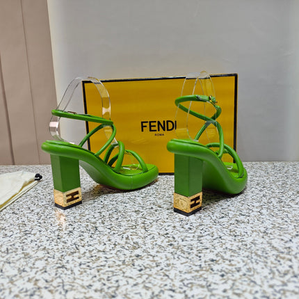 FENDI CHUNKY HIGH-HEELED SANDAL IN SHAMROCK GREEN CALFKIN WITH GOLD HARDWARE