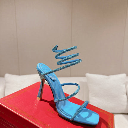 RENE CAOVILLA 26S SQUARE TOE ANKLE STRAP SANDALS 95 MM IN SKY BLUE LAMBSKIN