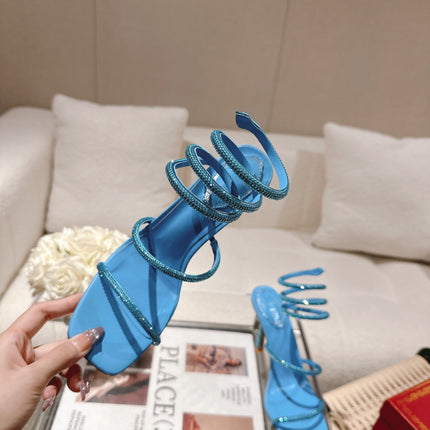 RENE CAOVILLA 26S SQUARE TOE ANKLE STRAP SANDALS 95 MM IN SKY BLUE LAMBSKIN