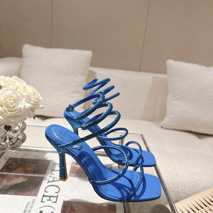 RENE CAOVILLA 26S SQUARE TOE ANKLE STRAP SANDALS 95 MM IN BLUE LAMBSKIN