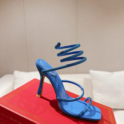 RENE CAOVILLA 26S SQUARE TOE ANKLE STRAP SANDALS 95 MM IN BLUE LAMBSKIN