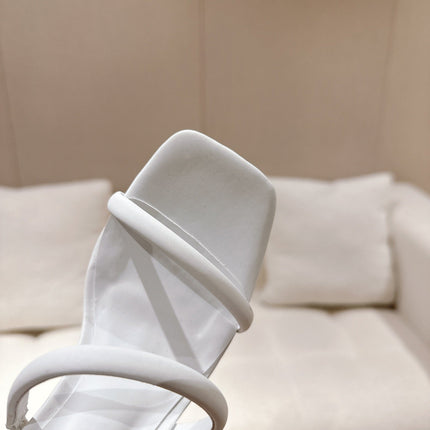 RENE CAOVILLA 26S SQUARE TOE ANKLE STRAP SANDALS 95 MM IN WHITE FABRIC