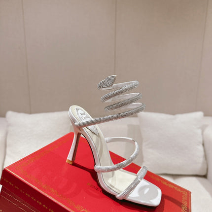 RENE CAOVILLA 26S SQUARE TOE ANKLE STRAP SANDALS 95 MM IN WHITE LAMBSKIN