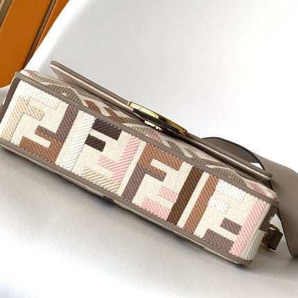 Fend Baguette White Brown and Multicolour Canvas Bag 27 with FF Embroidery Ghw