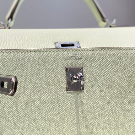 KELLY 25CM IN VERT FIZZ SWIFT CALFSKIN SILVER HARDWARE