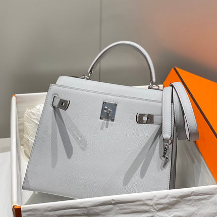 KELLY 28CM IN GRIS PERLE EPSOM CALFSKIN PALLADIUM HARDWARE
