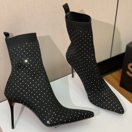 BALMAIN 26S BOOTS 105 MM IN BLACK FLYKNIT STONE EMBELLISHED STYLE 21