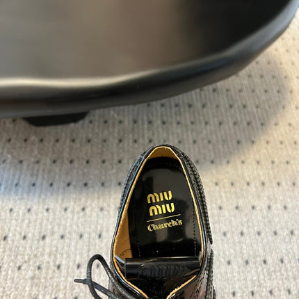 MIUMIU 26S LACE-UP BROGUE LOAFERS IN BLACK PATENT CALFSKIN