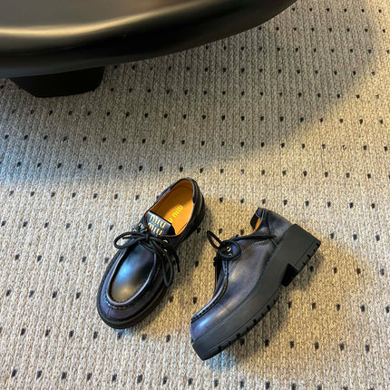MIUMIU 26S LACED FUME SHOES IN BLACK CALFSKIN