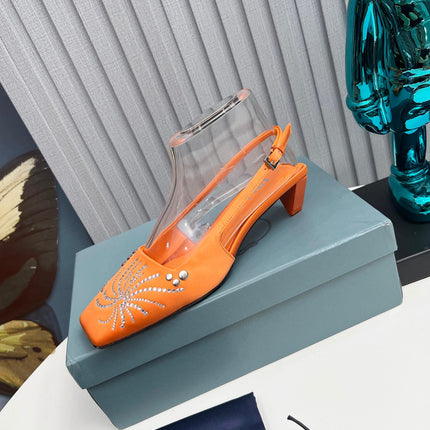 PRADA 26S SLINGBACK PUMPS 40MM IN ORANGE SATIN CRYSTAL EMBELLISHED
