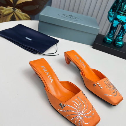 PRADA 26S MULE 40MM IN ORANGE SATIN CRYSTAL EMBELLISHED