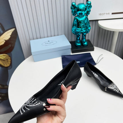 PRADA 26S POINTED TOE PUMPS 40MM IN BLACK CALFSKIN CRYSTAL EMBELLISHED