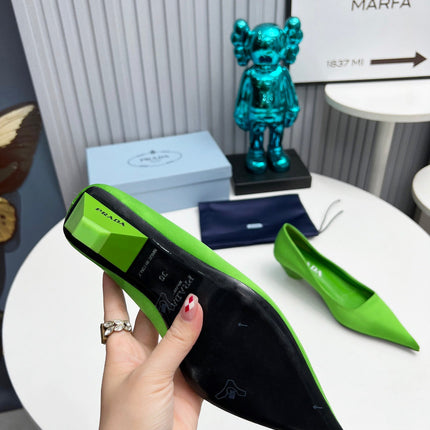 PRADA 26S POINTED TOE PUMPS 40MM IN APPLE GREEN SATIN