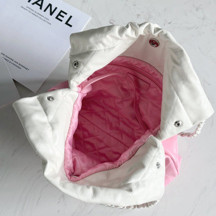 CHANEL 22 BAG 25S 42 CM IN PASTEL PINK MIX WHITE LAMBSKIN WITH WHITE HARDWARE